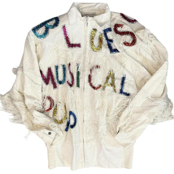 BONNIE BOERER sequin music fringe jacket vintage 80s zip front white cotton